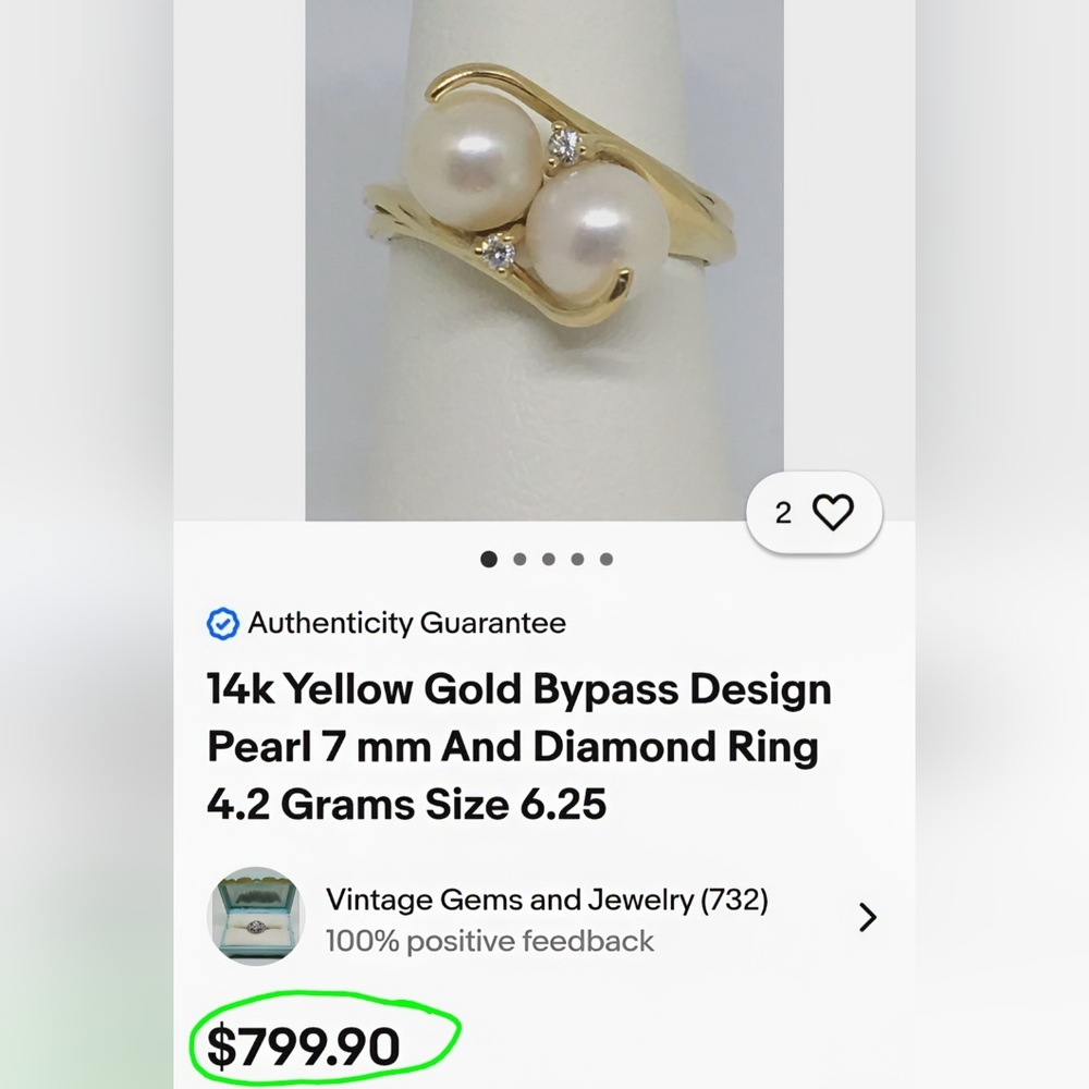 💍Y2K Pearl & Diamond 14K Gold "Toi-et-moi" (You & Me♥️) Bypass Ring 6.25 - Picture 5 of 6